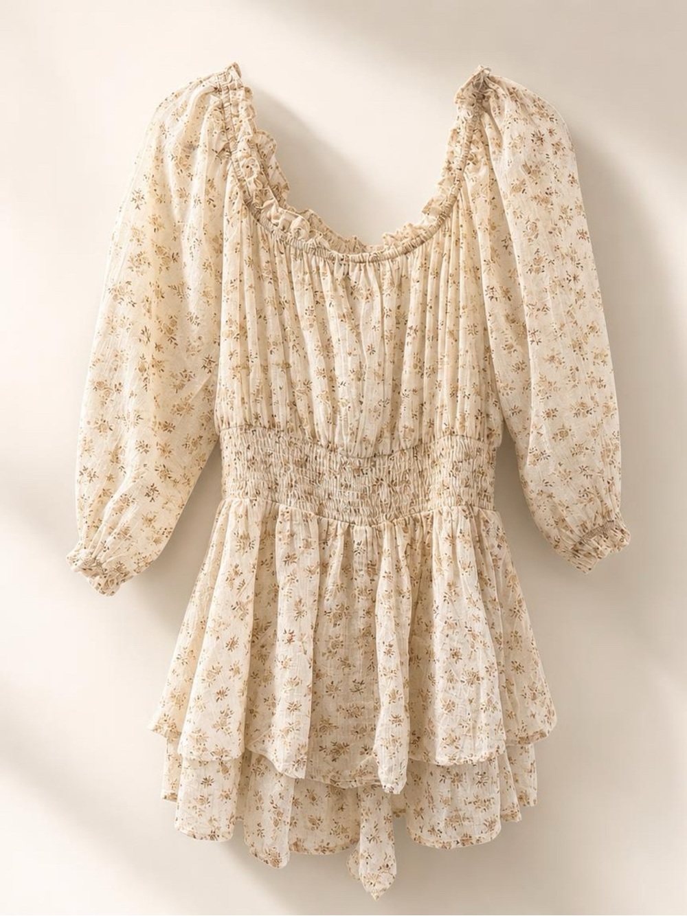 American Eagle Outfitters Cream Floral Tiered Ruffle Short Romper with 3/4 sleev - Picture 2 of 10